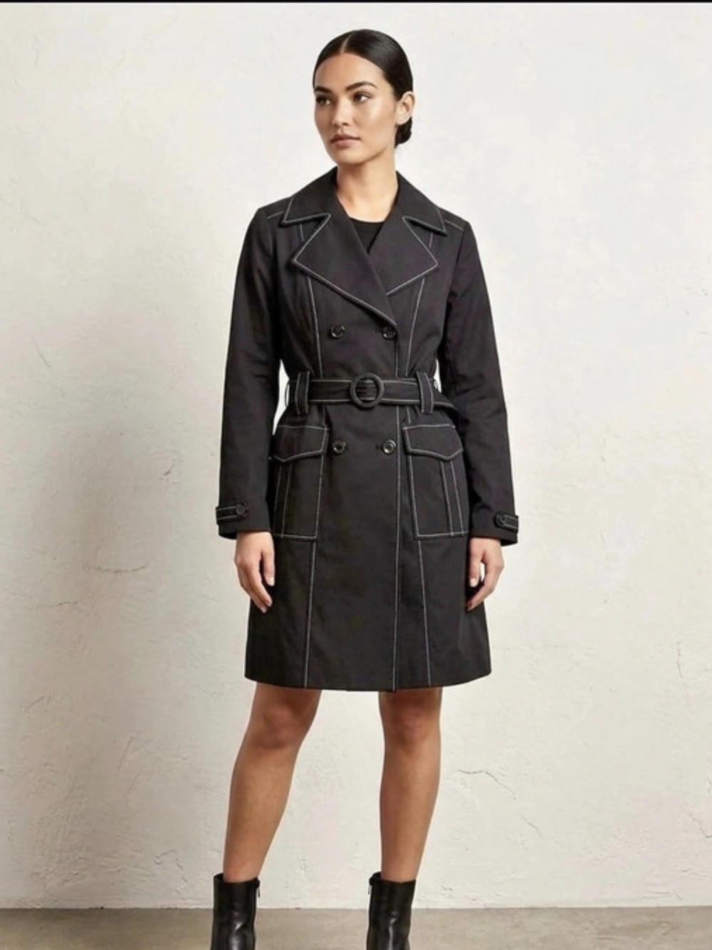 I-N-C International Concepts Black Belted Trench Coat Size Medium